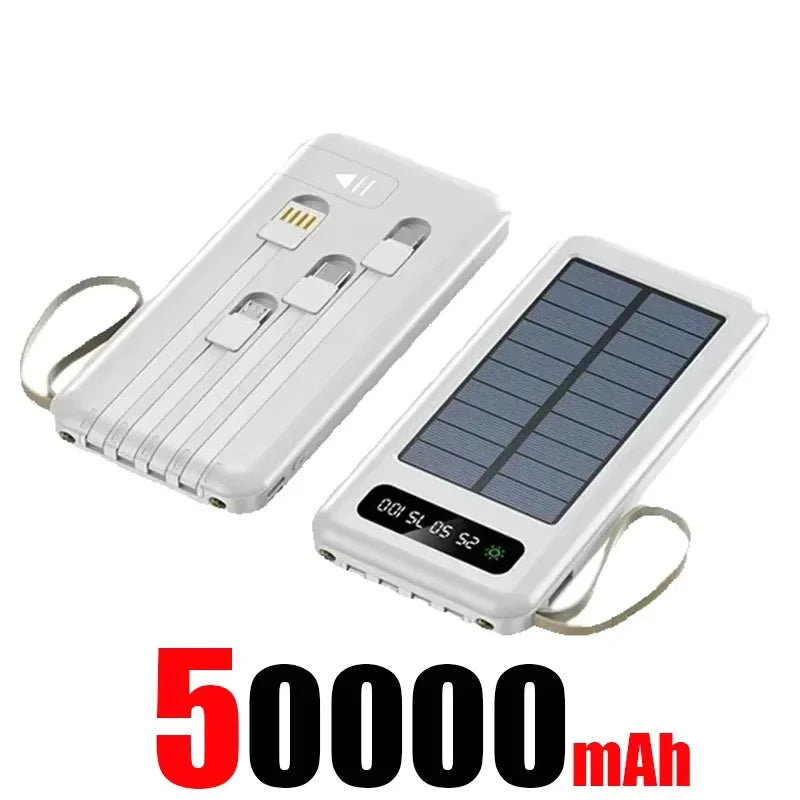 Solar Power Bank 500000mAh Fast Charging Powerbank High Capacity Portable Mobile Power Flashlight Built in 4 Cables Battery