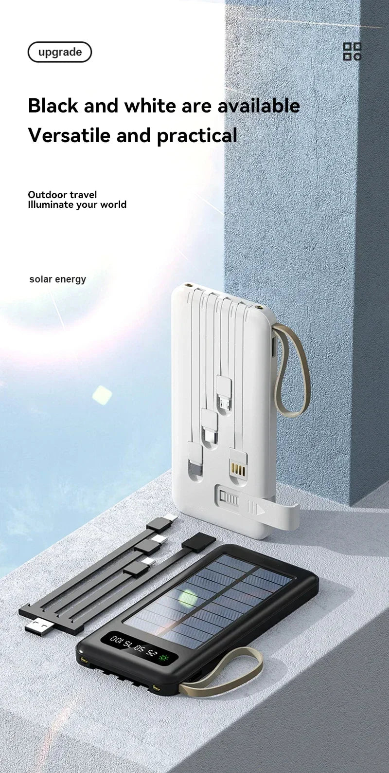 Solar Power Bank 500000mAh Fast Charging Powerbank High Capacity Portable Mobile Power Flashlight Built in 4 Cables Battery