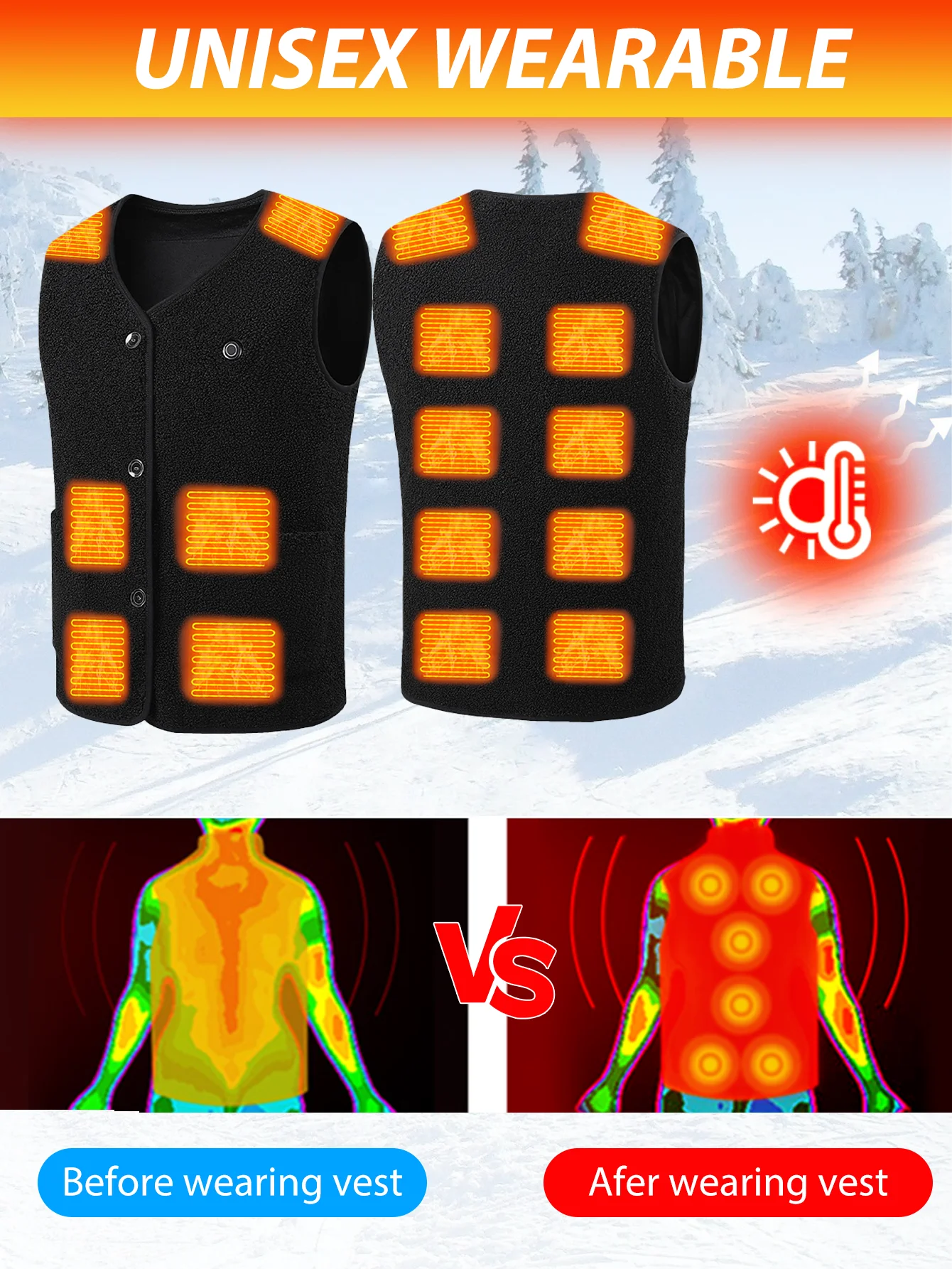 16 Areas Heated Vest Teddy Velvet V-neck for Men Women USB Electric Temperature Control Vest 3-speed Adjustable Heating Jacket