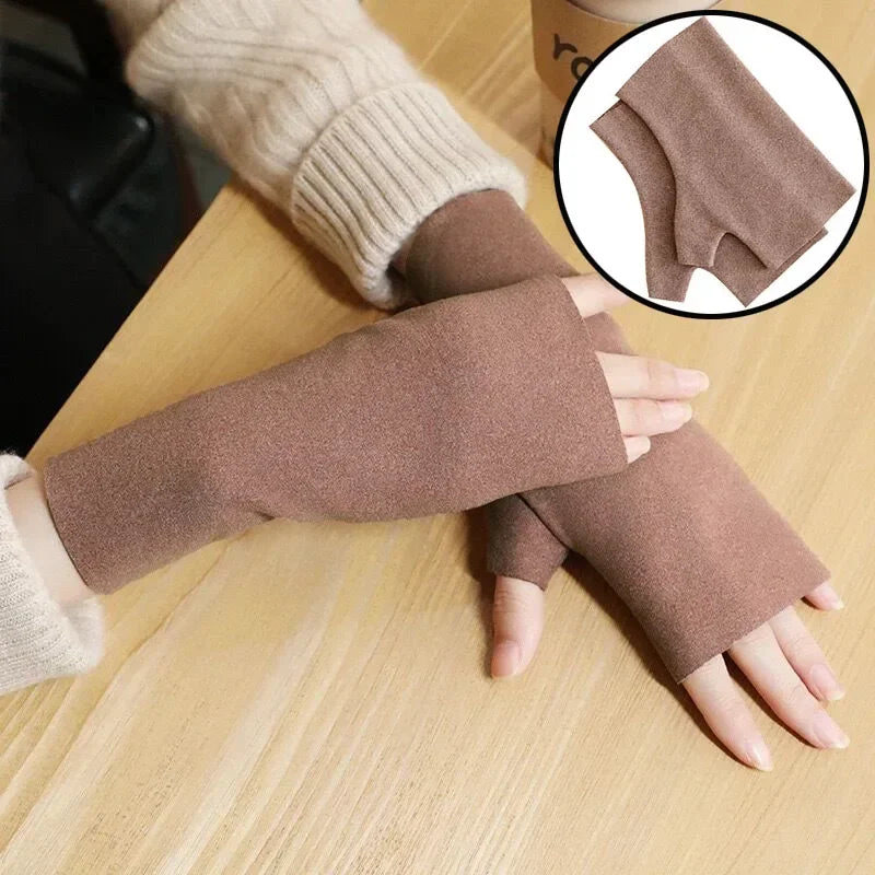 Thin Touchscreen Gloves Women Thermal German Velvet Half Finger Mittens Convertible for Warmth Phone Use