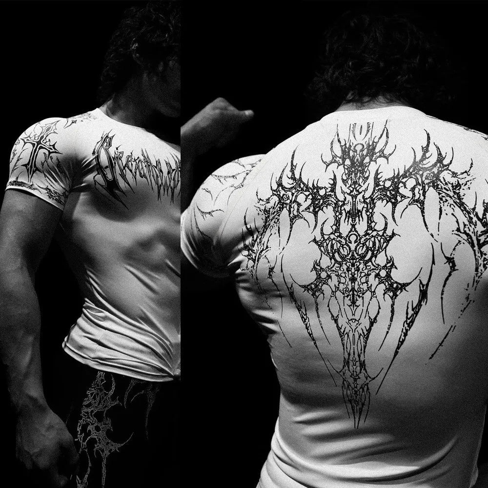 Compression T-shirt Gothic Metal Print Men Women Punk Streetwear Short Sleeve Fitness Top Slim Fit Y2k Aesthetic Unisex Gym Tee