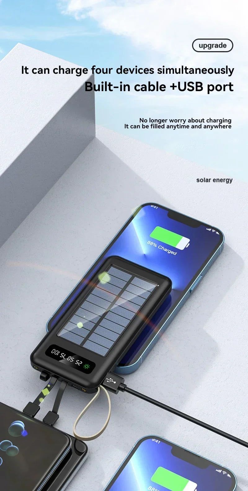 Solar Power Bank 500000mAh Fast Charging Powerbank High Capacity Portable Mobile Power Flashlight Built in 4 Cables Battery