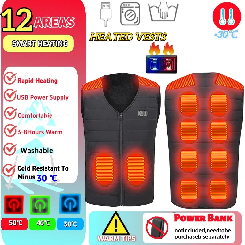 Heated Vest for Men Women 12-Zone Smart Electric Heating Vest USB Rechargeable Thermal Fleece Lined Winter Warm Vest Outdoor