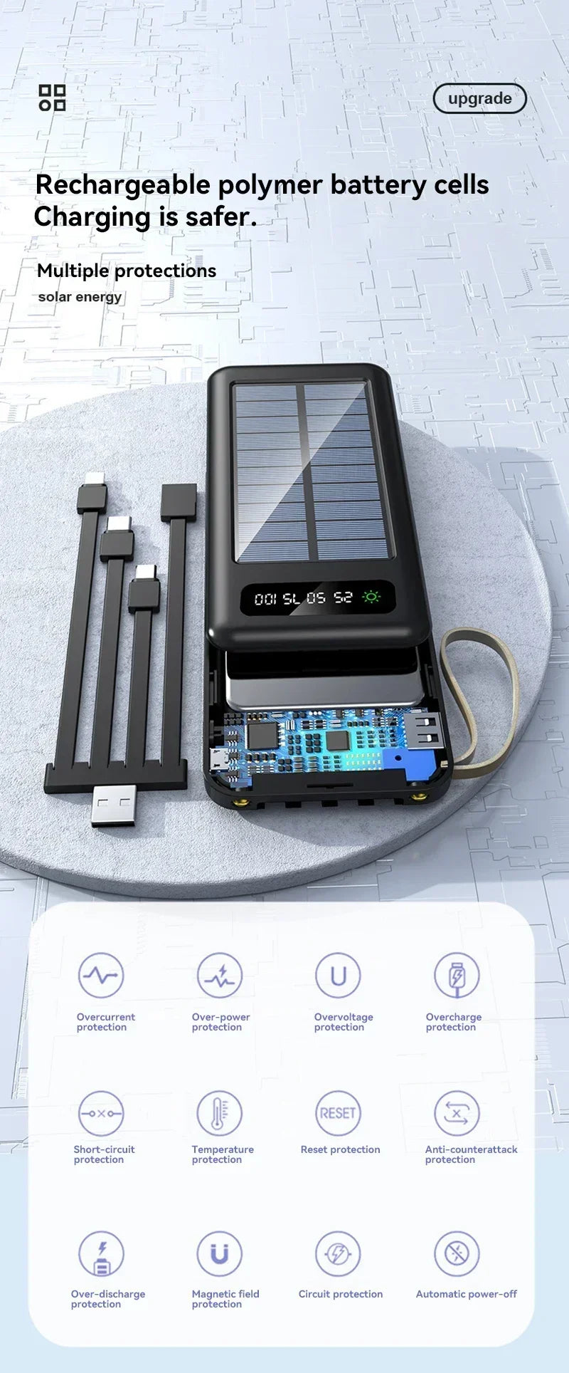 Solar Power Bank 500000mAh Fast Charging Powerbank High Capacity Portable Mobile Power Flashlight Built in 4 Cables Battery