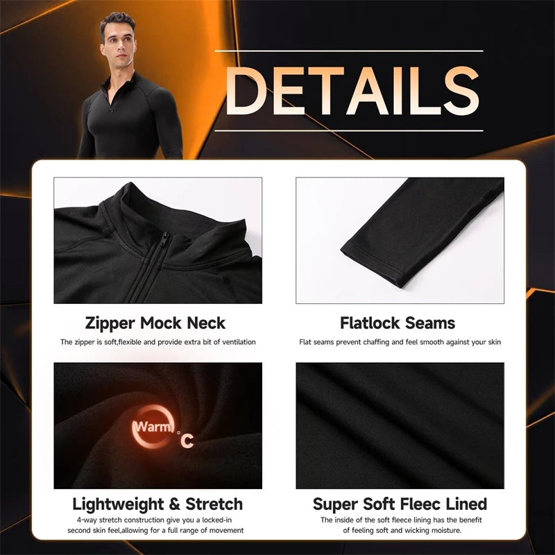 Zipper Thermal Compression Shirts for Men Winter Warm Fleece Lined Athletic Baselayer Tops for Ski Running Cycling Gym Workout