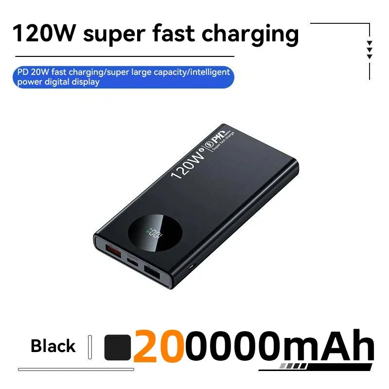200000mAh Power Bank 120W Super Fast Charging Power Bank High Capacity External Battery With Digital Display For Iphone Xiaomi