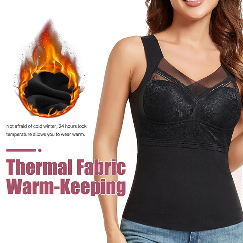 Thermal Tank Top for Women Cold Weather Warm Underwear Vest with buit-in Bra Lace Camisole Undershirt Tops Soft Under Clothes