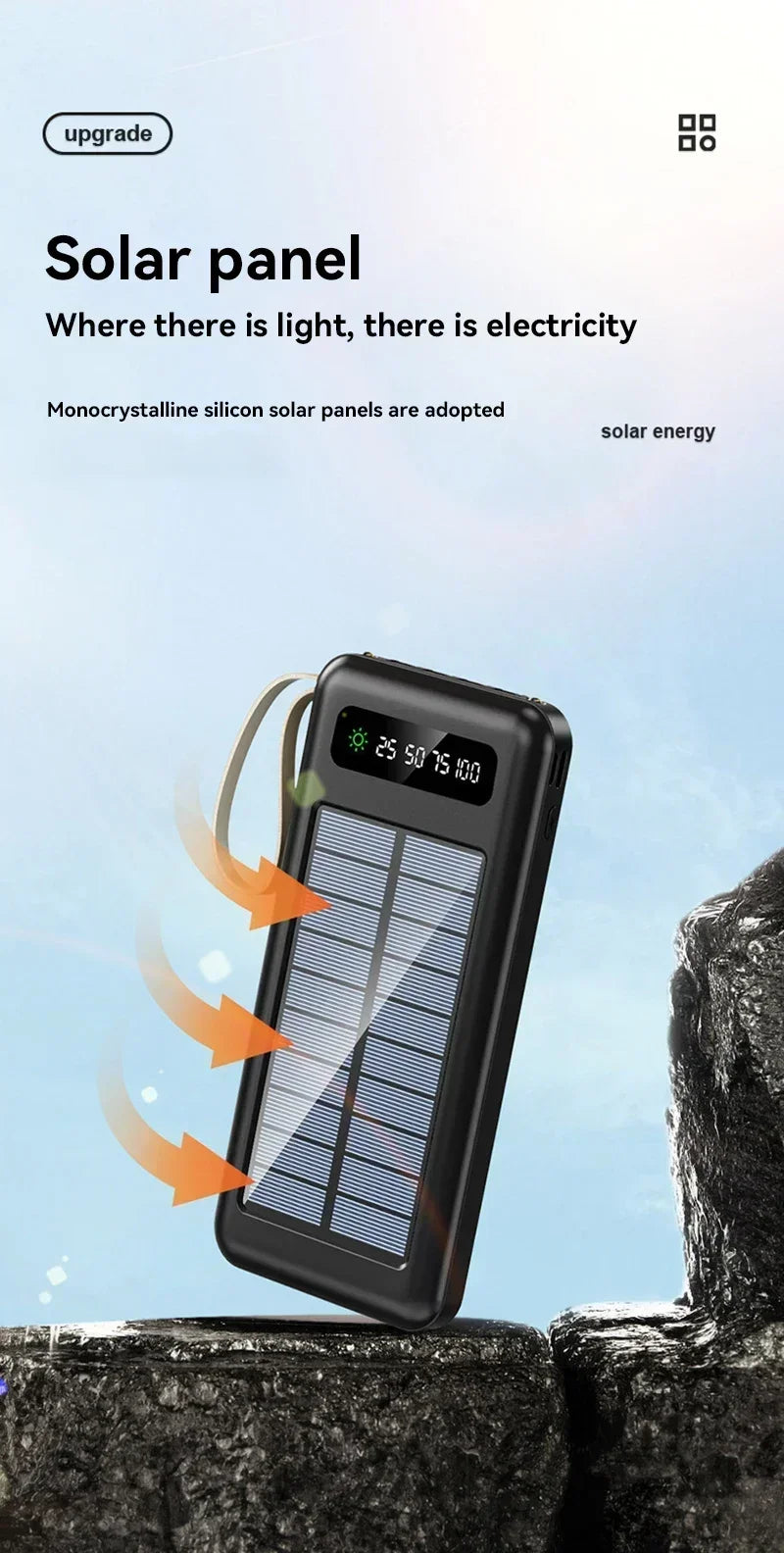 Solar Power Bank 500000mAh Fast Charging Powerbank High Capacity Portable Mobile Power Flashlight Built in 4 Cables Battery