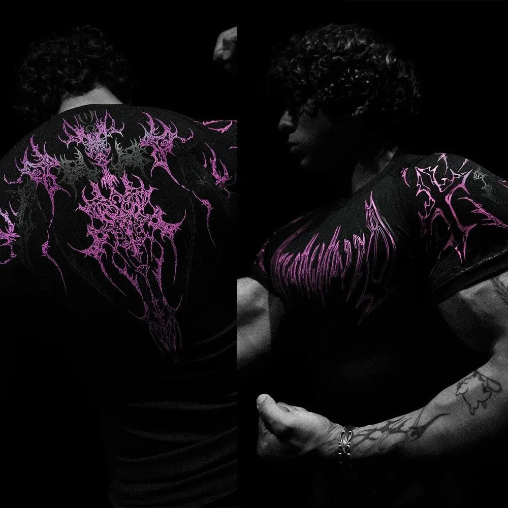 Compression T-shirt Gothic Metal Print Men Women Punk Streetwear Short Sleeve Fitness Top Slim Fit Y2k Aesthetic Unisex Gym Tee
