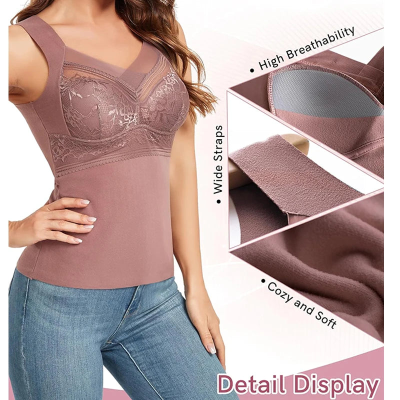 Thermal Tank Top for Women Cold Weather Warm Underwear Vest with buit-in Bra Lace Camisole Undershirt Tops Soft Under Clothes