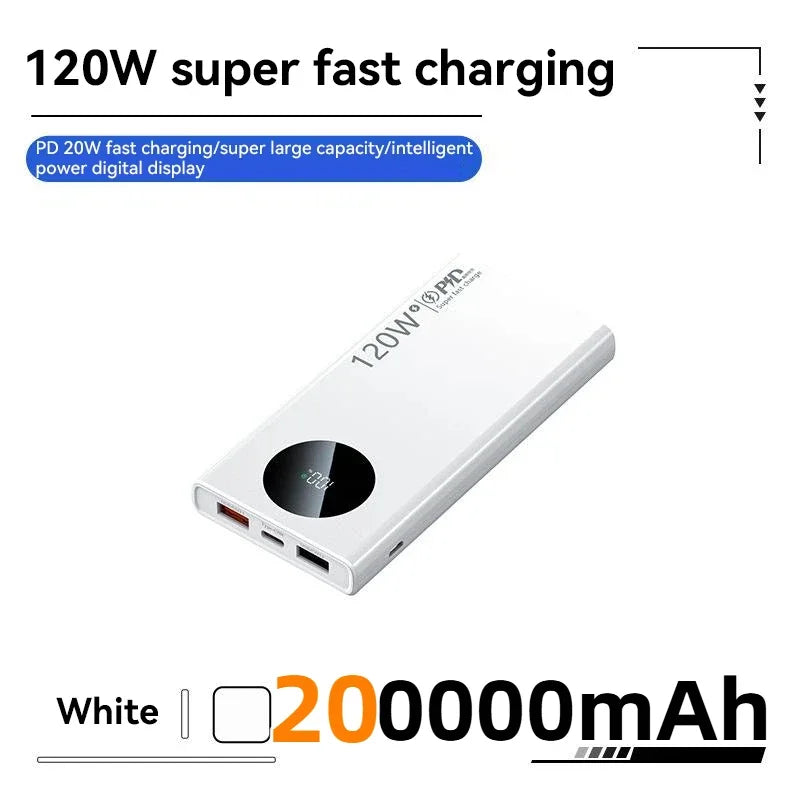 200000mAh Power Bank 120W Super Fast Charging Power Bank High Capacity External Battery With Digital Display For Iphone Xiaomi