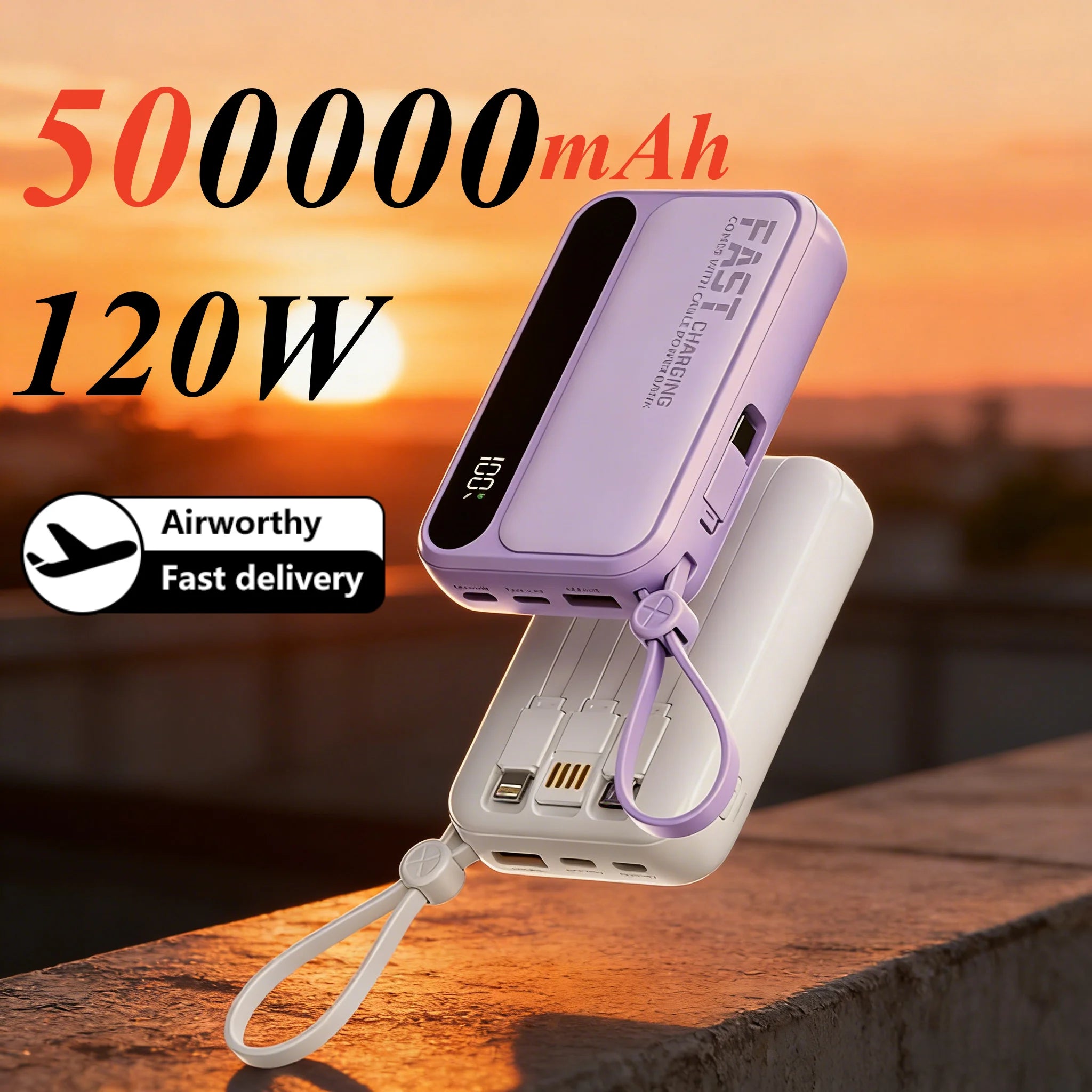 Large Capacity 500000mAh Power Bank 120W 4-in-1 Cables Intelligent Digital Display Portable Powerbank for iPhone