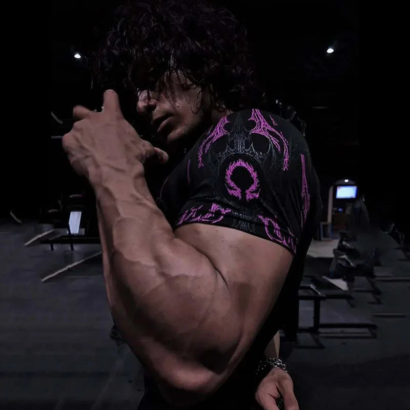 Compression T-shirt Gothic Metal Print Men Women Punk Streetwear Short Sleeve Fitness Top Slim Fit Y2k Aesthetic Unisex Gym Tee