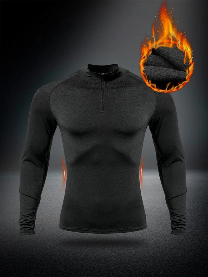 Zipper Thermal Compression Shirts for Men Winter Warm Fleece Lined Athletic Baselayer Tops for Ski Running Cycling Gym Workout