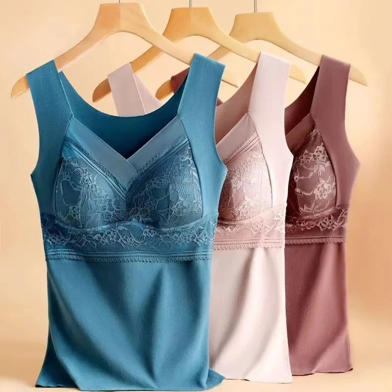 Thermal Tank Top for Women Cold Weather Warm Underwear Vest with buit-in Bra Lace Camisole Undershirt Tops Soft Under Clothes