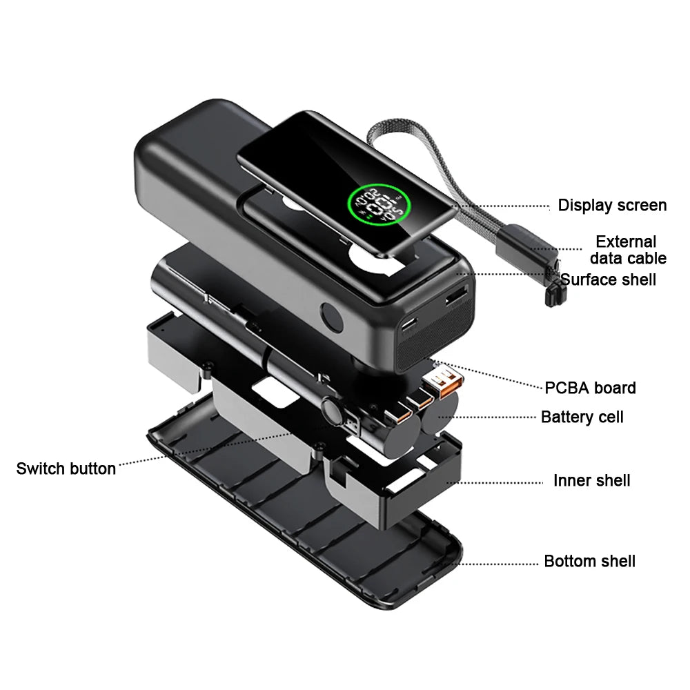 20000mAh Powerbank High Capacity 100W Fast Charging External Battery Built-in Cable Portable Power Bank for Laptop Tablet Phone