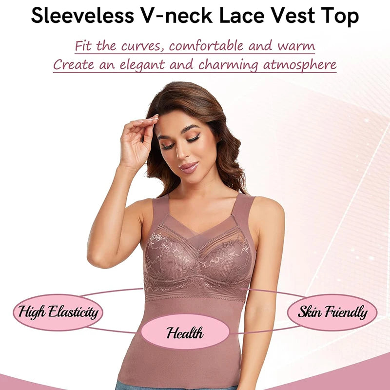 Thermal Tank Top for Women Cold Weather Warm Underwear Vest with buit-in Bra Lace Camisole Undershirt Tops Soft Under Clothes