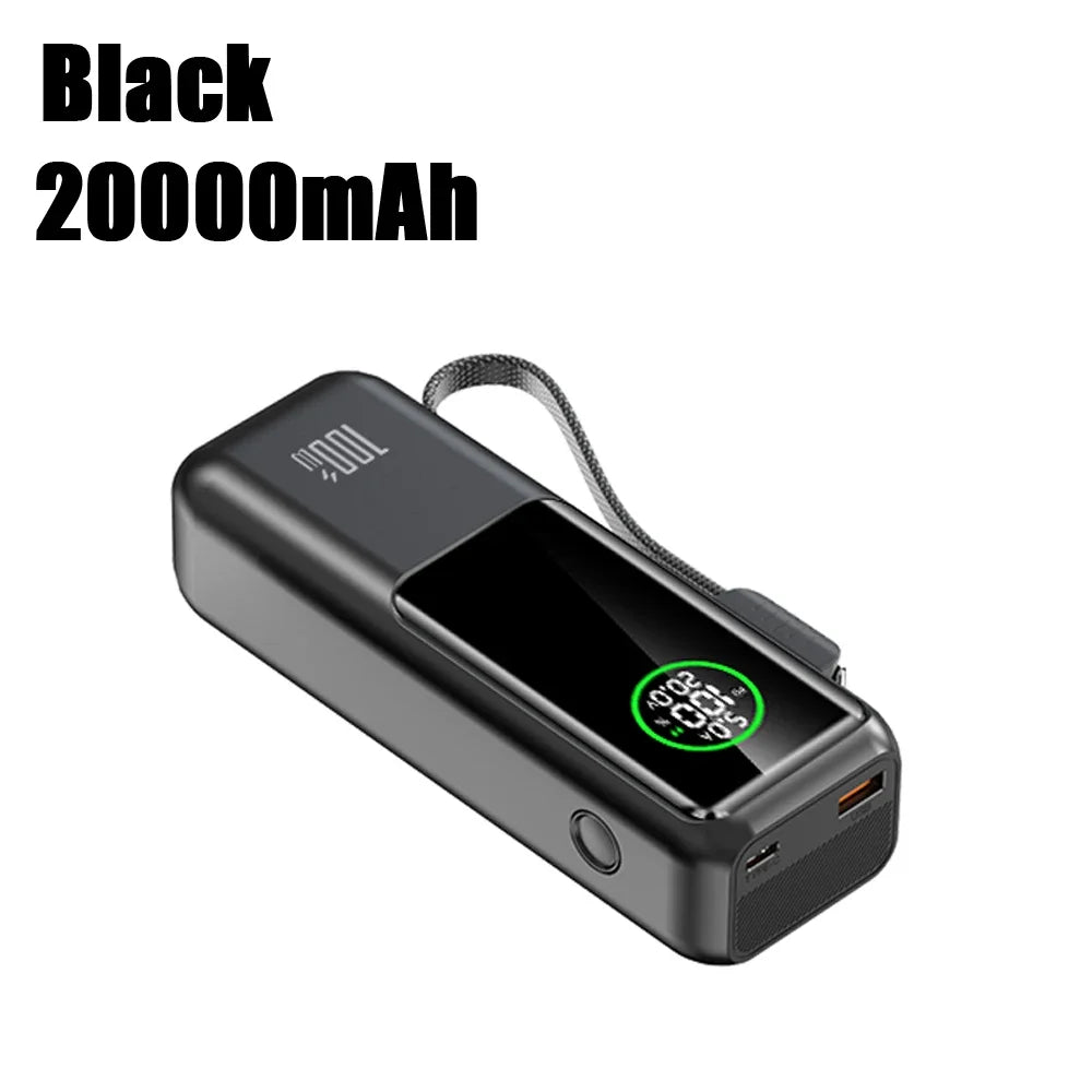 20000mAh Powerbank High Capacity 100W Fast Charging External Battery Built-in Cable Portable Power Bank for Laptop Tablet Phone
