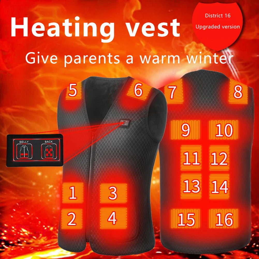 16 Areas Heated Vest USB Infrared Heating Vest Jacket Unisex Winter Electric Heated Vest Outdoor Sports Hiking Oversized M-4XL