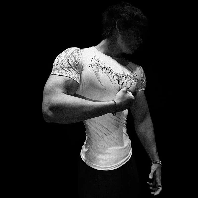 Compression T-shirt Gothic Metal Print  Men Women Punk Streetwear Short Sleeve Fitness Top Slim Fit Y2k Aesthetic Unisex Gym Tee