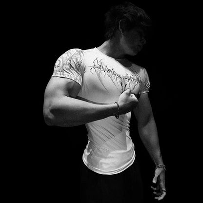 Compression T-shirt Gothic Metal Print  Men Women Punk Streetwear Short Sleeve Fitness Top Slim Fit Y2k Aesthetic Unisex Gym Tee