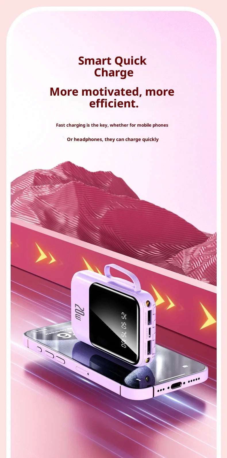 Large capacity 20000 mAh power bank with built-in charging cable and mobile power lithium polymer battery power bank