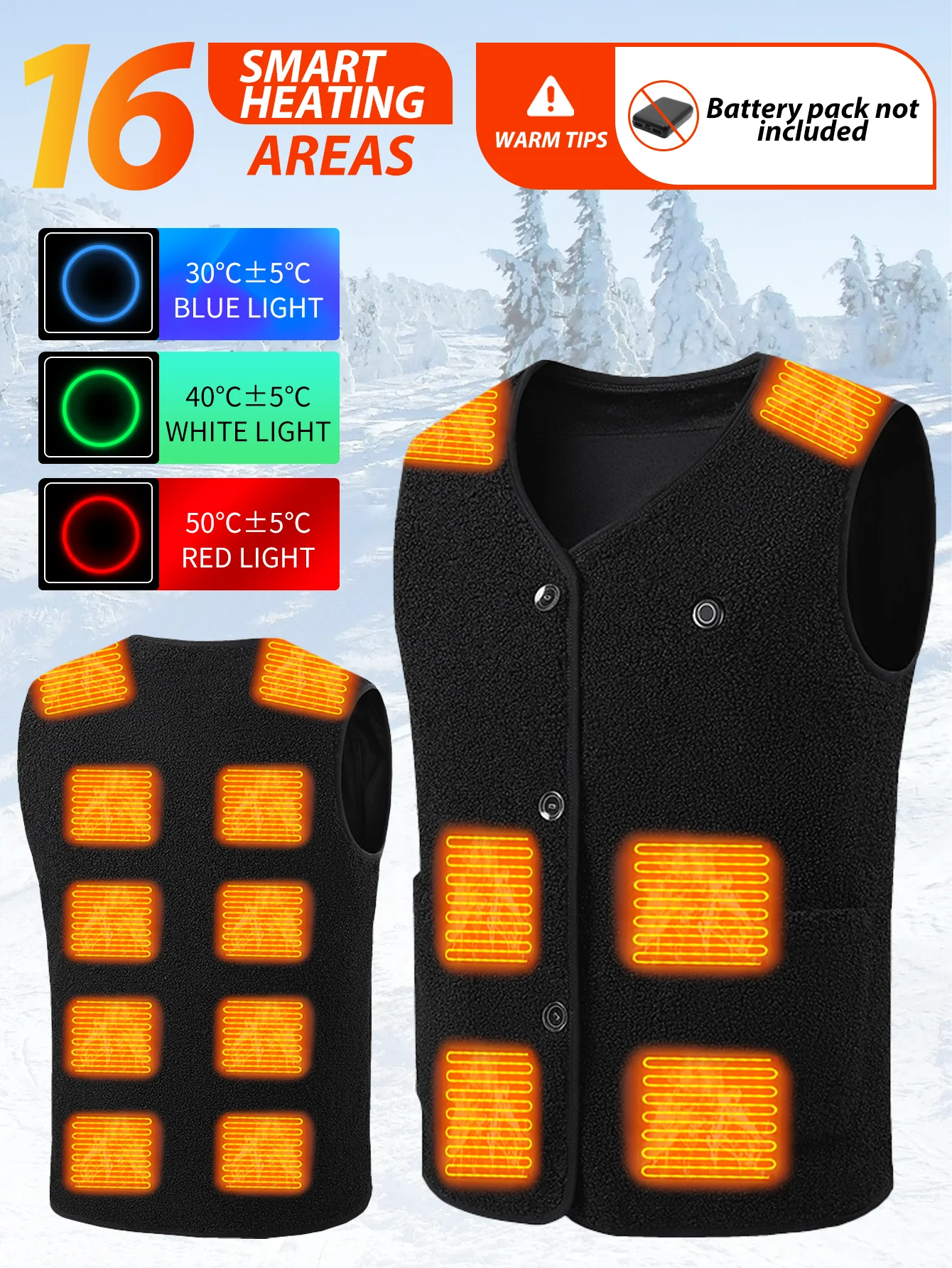 16 Areas Heated Vest Teddy Velvet V-neck for Men Women USB Electric Temperature Control Vest 3-speed Adjustable Heating Jacket