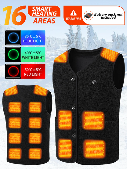 16 Areas Heated Vest Teddy Velvet V-neck for Men Women USB Electric Temperature Control Vest 3-speed Adjustable Heating Jacket