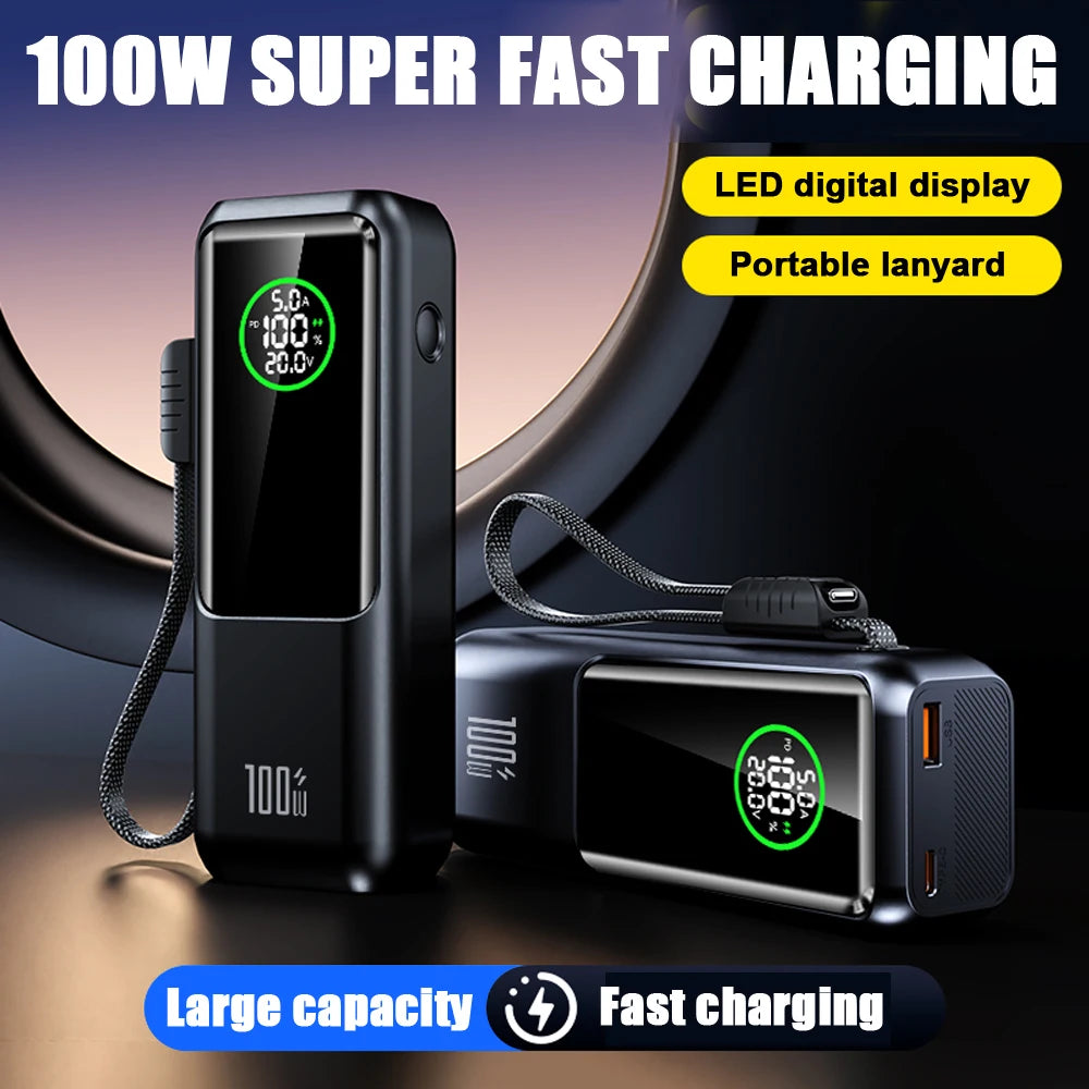 20000mAh Powerbank High Capacity 100W Fast Charging External Battery Built-in Cable Portable Power Bank for Laptop Tablet Phone