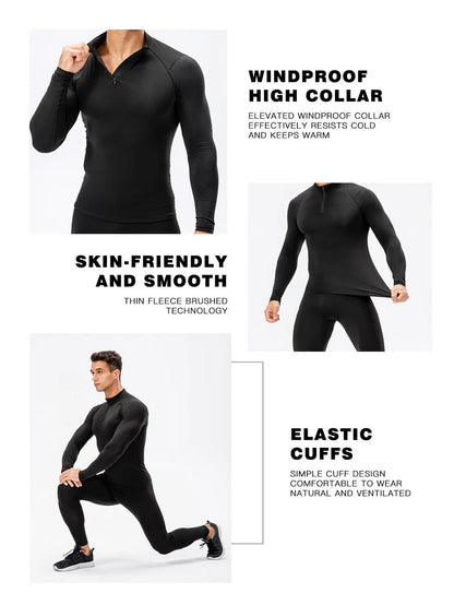 Zipper Thermal Compression Shirts for Men Winter Warm Fleece Lined Athletic Baselayer Tops for Ski Running Cycling Gym Workout