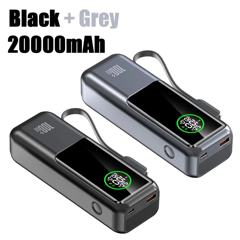 20000mAh Powerbank High Capacity 100W Fast Charging External Battery Built-in Cable Portable Power Bank for Laptop Tablet Phone