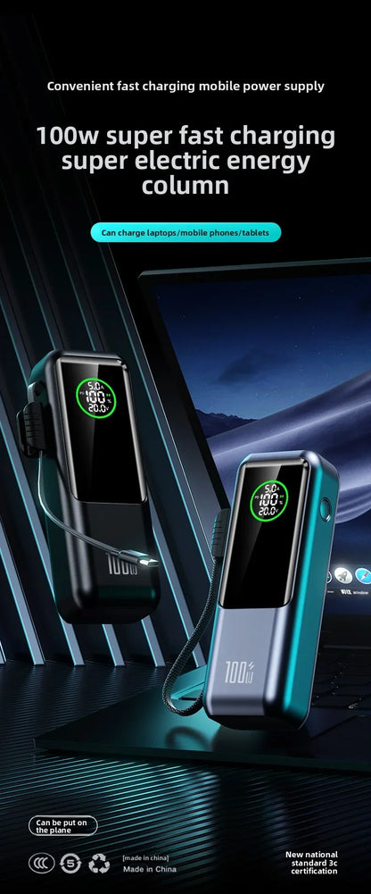 20000mAh Powerbank High Capacity 100W Fast Charging External Battery Built-in Cable Portable Power Bank for Laptop Tablet Phone