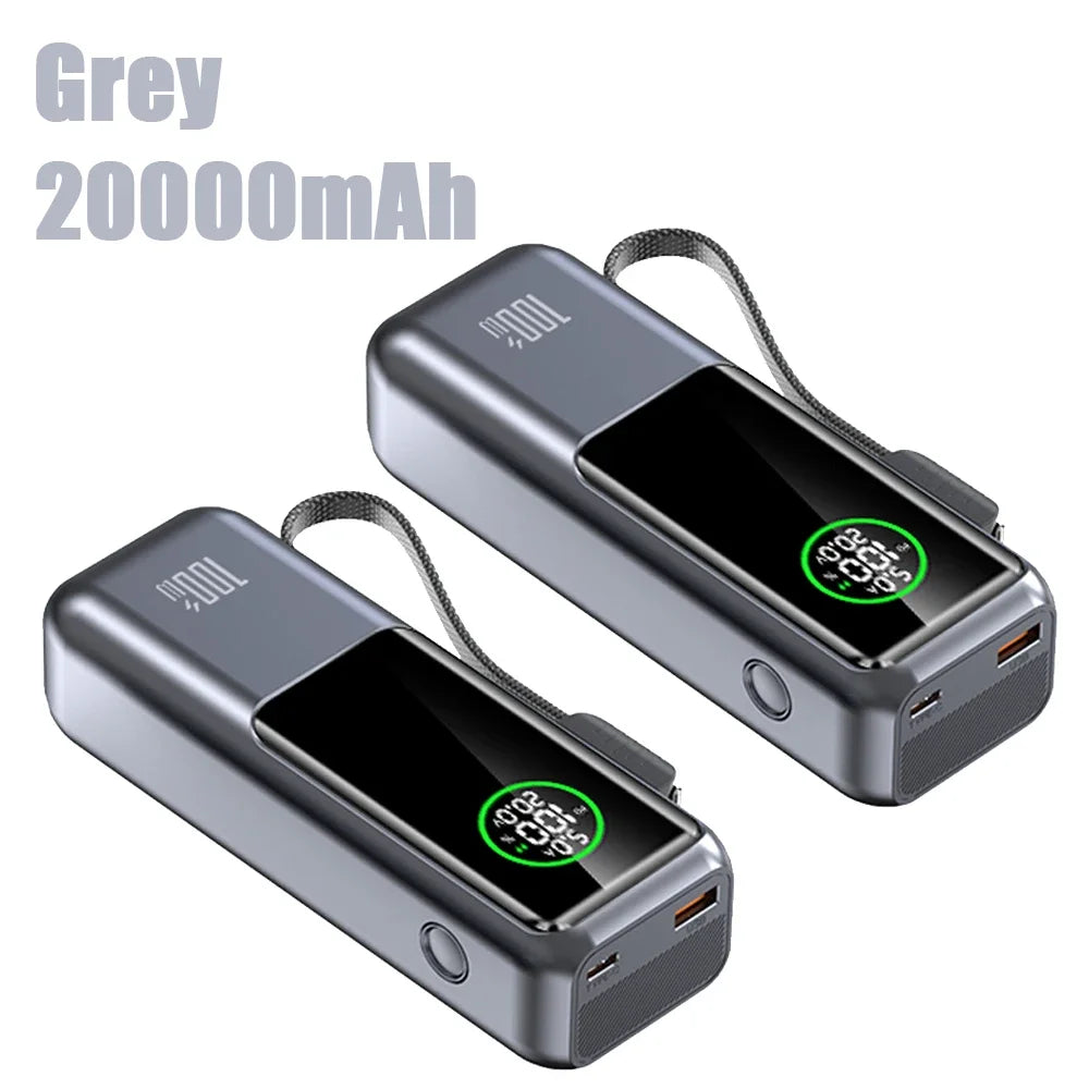 20000mAh Powerbank High Capacity 100W Fast Charging External Battery Built-in Cable Portable Power Bank for Laptop Tablet Phone