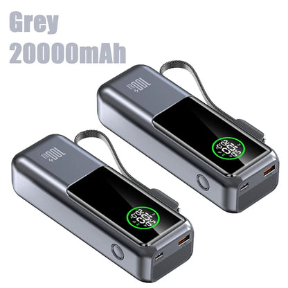 20000mAh Powerbank High Capacity 100W Fast Charging External Battery Built-in Cable Portable Power Bank for Laptop Tablet Phone