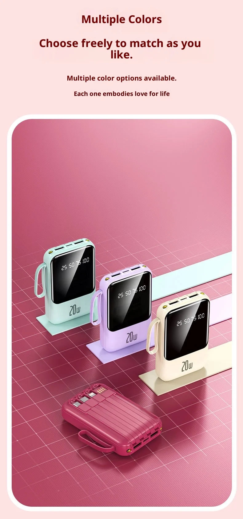 Large capacity 20000 mAh power bank with built-in charging cable and mobile power lithium polymer battery power bank