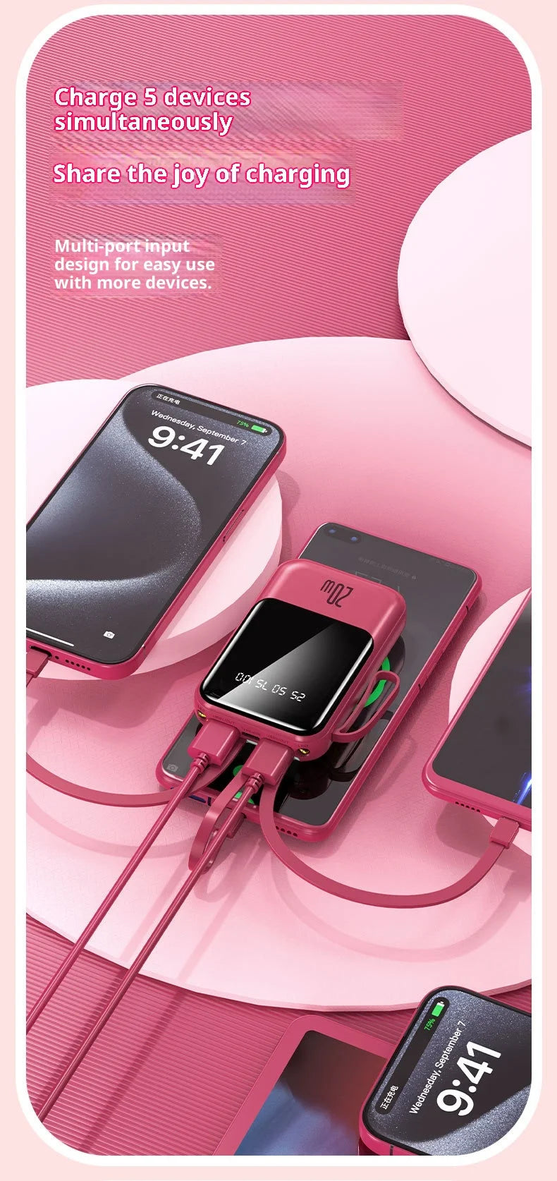 Large capacity 20000 mAh power bank with built-in charging cable and mobile power lithium polymer battery power bank