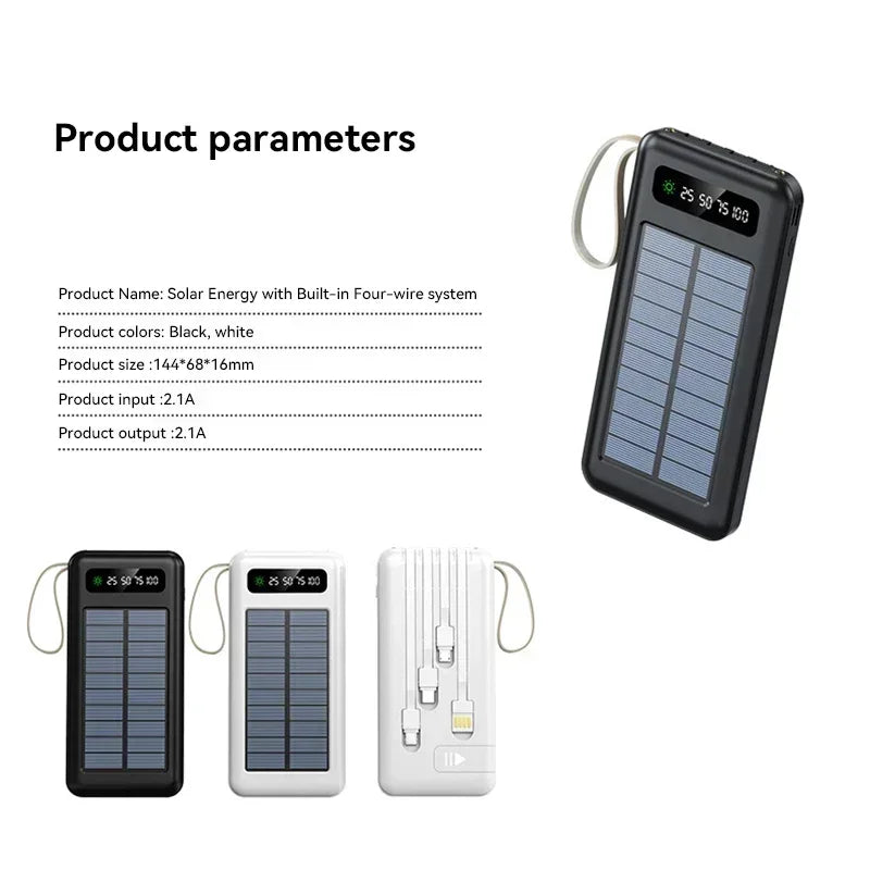 Solar Power Bank 500000mAh Fast Charging Powerbank High Capacity Portable Mobile Power Flashlight Built in 4 Cables Battery