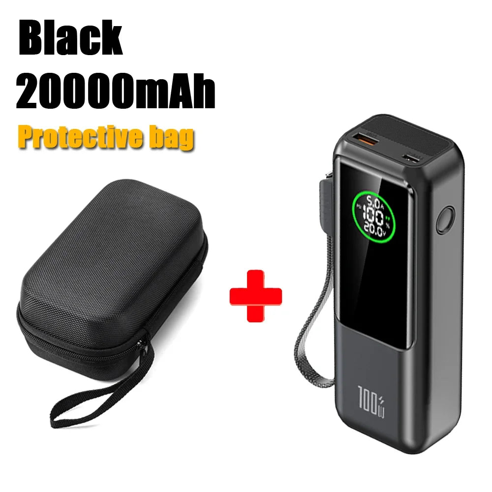 20000mAh Powerbank High Capacity 100W Fast Charging External Battery Built-in Cable Portable Power Bank for Laptop Tablet Phone
