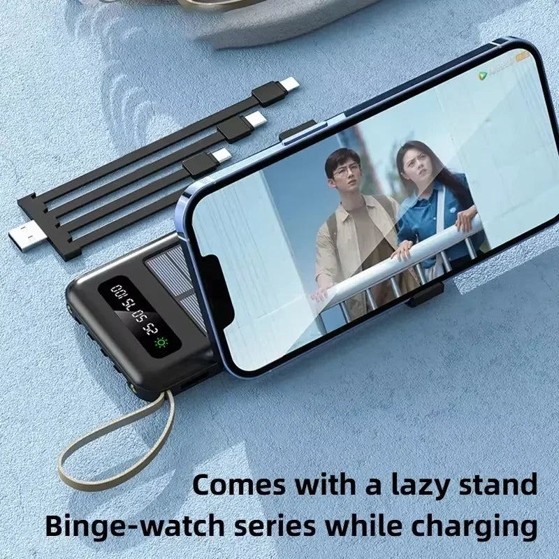 Solar Power Bank 500000mAh Fast Charging Powerbank High Capacity Portable Mobile Power Flashlight Built in 4 Cables Battery