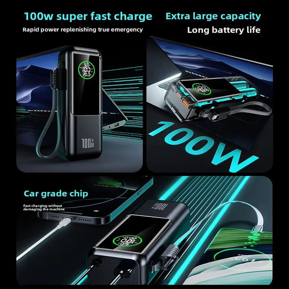 20000mAh Powerbank High Capacity 100W Fast Charging External Battery Built-in Cable Portable Power Bank for Laptop Tablet Phone