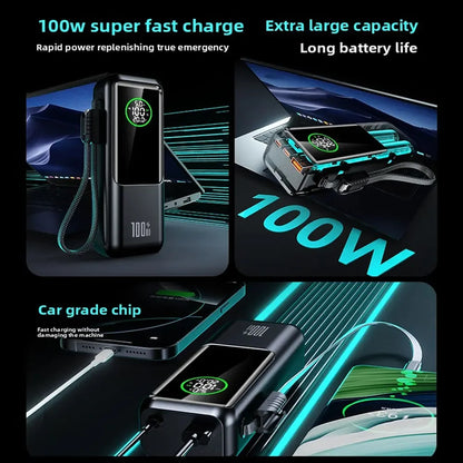 20000mAh Powerbank High Capacity 100W Fast Charging External Battery Built-in Cable Portable Power Bank for Laptop Tablet Phone