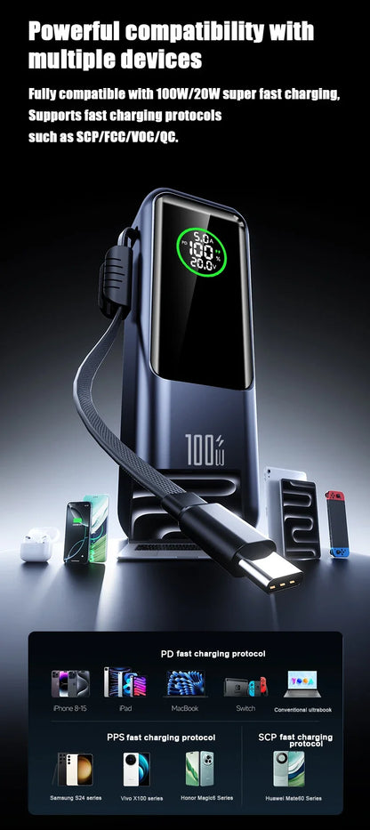 20000mAh Powerbank High Capacity 100W Fast Charging External Battery Built-in Cable Portable Power Bank for Laptop Tablet Phone