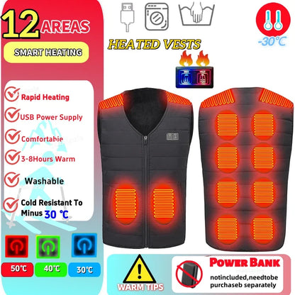 Heated Vest for Men Women 12-Zone Smart Electric Heating Vest USB Rechargeable Thermal Fleece Lined Winter Warm Vest Outdoor