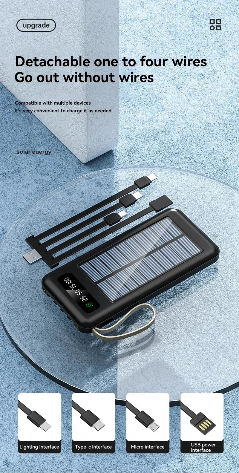 Solar Power Bank 500000mAh Fast Charging Powerbank High Capacity Portable Mobile Power Flashlight Built in 4 Cables Battery