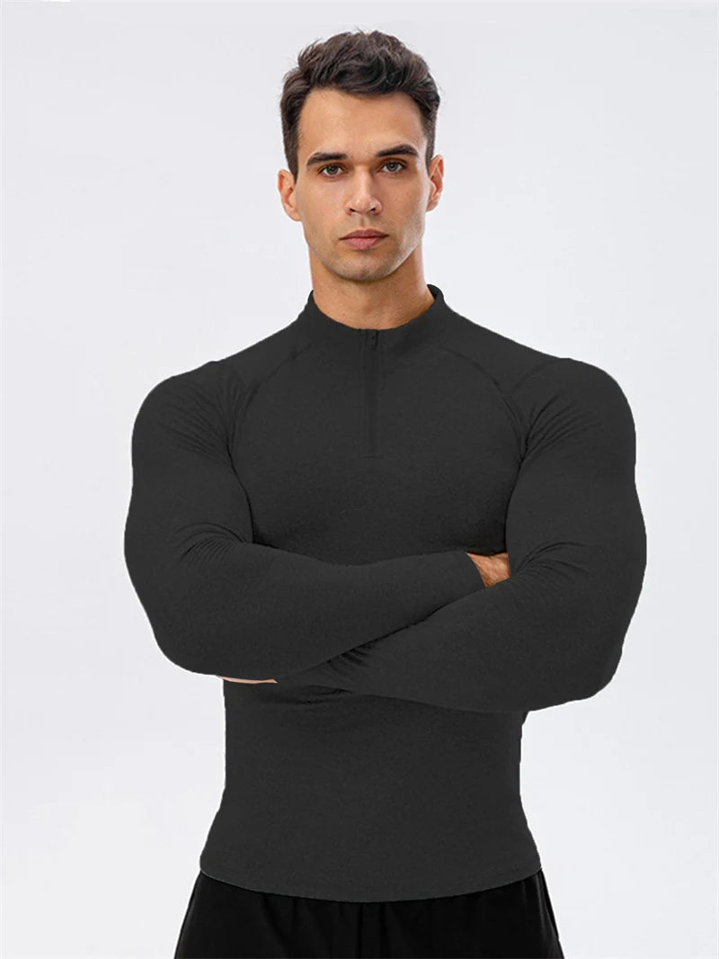 Zipper Thermal Compression Shirts for Men Winter Warm Fleece Lined Athletic Baselayer Tops for Ski Running Cycling Gym Workout