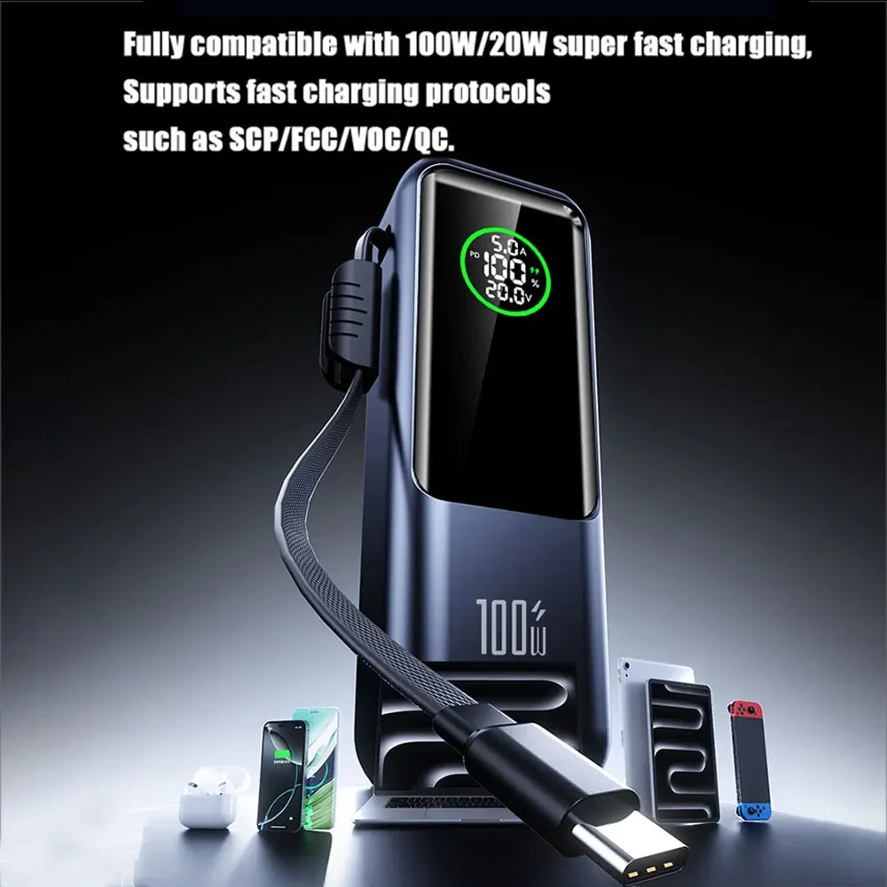 20000mAh Powerbank High Capacity 100W Fast Charging External Battery Built-in Cable Portable Power Bank for Laptop Tablet Phone