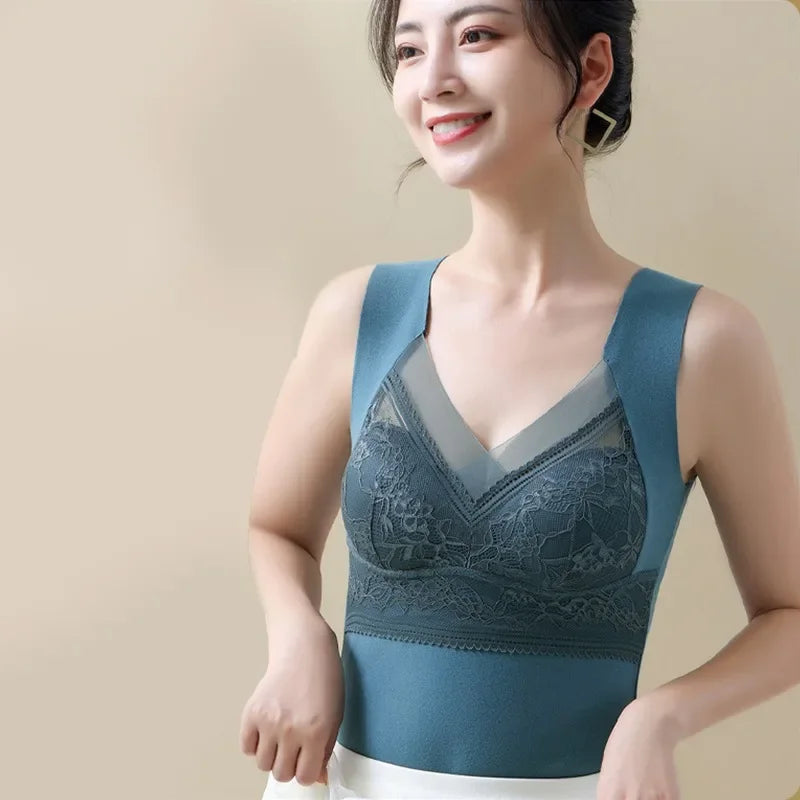 Thermal Tank Top for Women Cold Weather Warm Underwear Vest with buit-in Bra Lace Camisole Undershirt Tops Soft Under Clothes