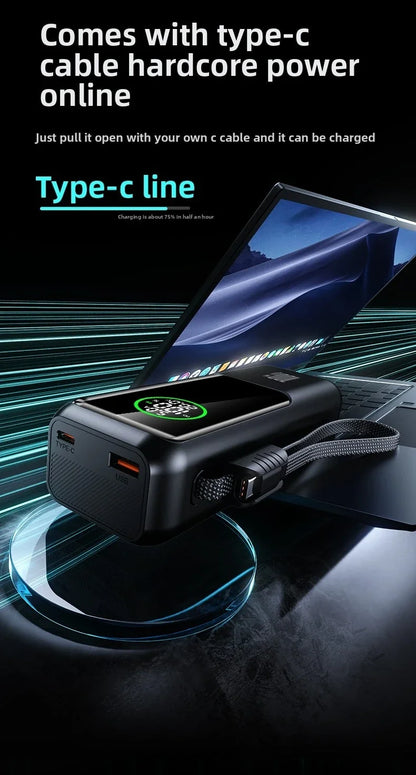 20000mAh Powerbank High Capacity 100W Fast Charging External Battery Built-in Cable Portable Power Bank for Laptop Tablet Phone