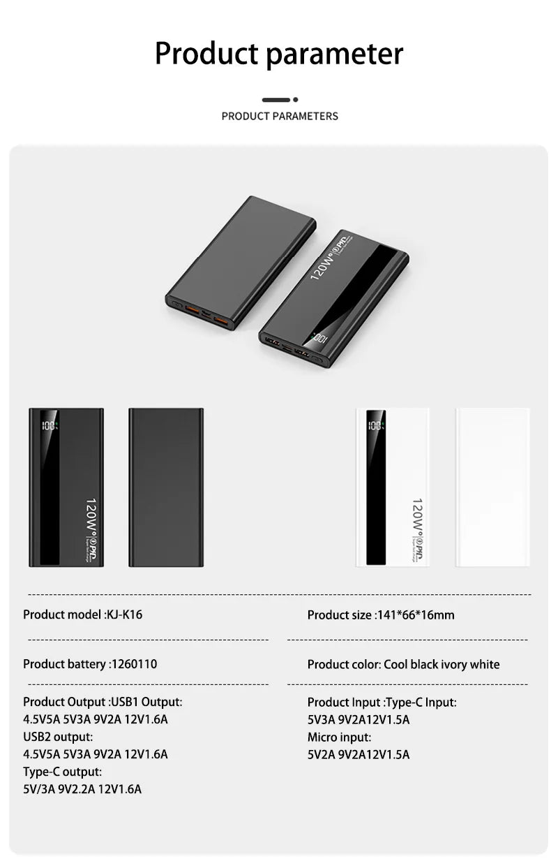 500000mAh High Capacity Power Bank 120W Super Fast Charging Portable External Battery Powerbank for iPhone Huawei