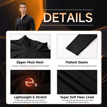 Zipper Thermal Compression Shirts for Men Winter Warm Fleece Lined Athletic Baselayer Tops for Ski Running Cycling Gym Workout